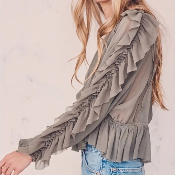 Love Shack Fancy • Olive Green Ruffle Nellie Sleeve Top - Picture 13 of 14